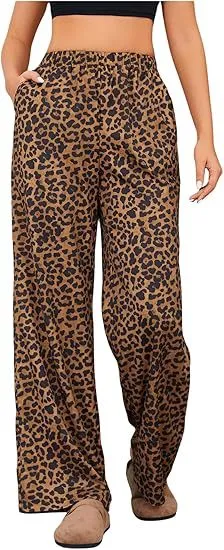 Women's Leopard Print Elastic High Waist Trousers Dark Brown - Shop at LoveMi