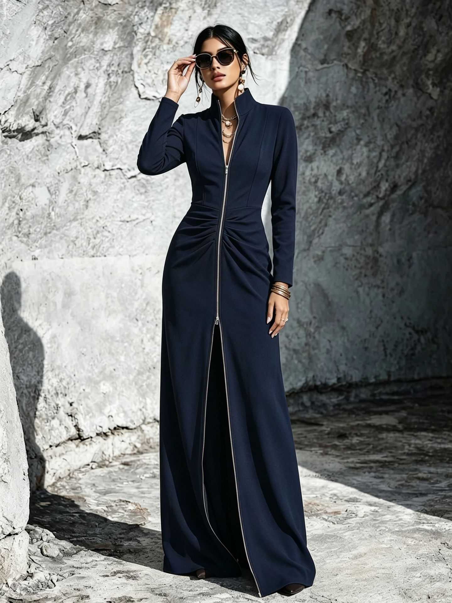 Women's Long-Sleeve Zip-Up Dress - Slim Fit Elegant