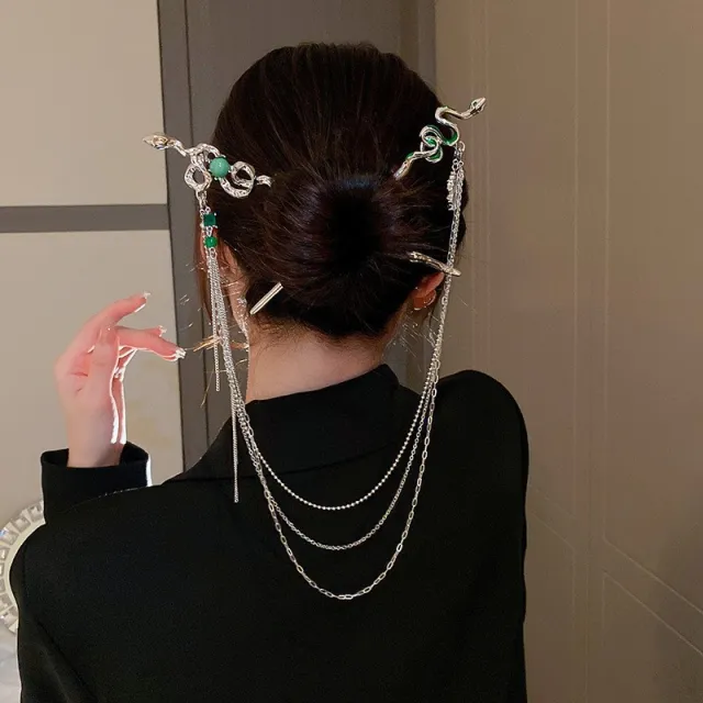 Double Hairpin Split Snake shaped Tassel Hairpin New Plate Silver - Shop at LoveMi