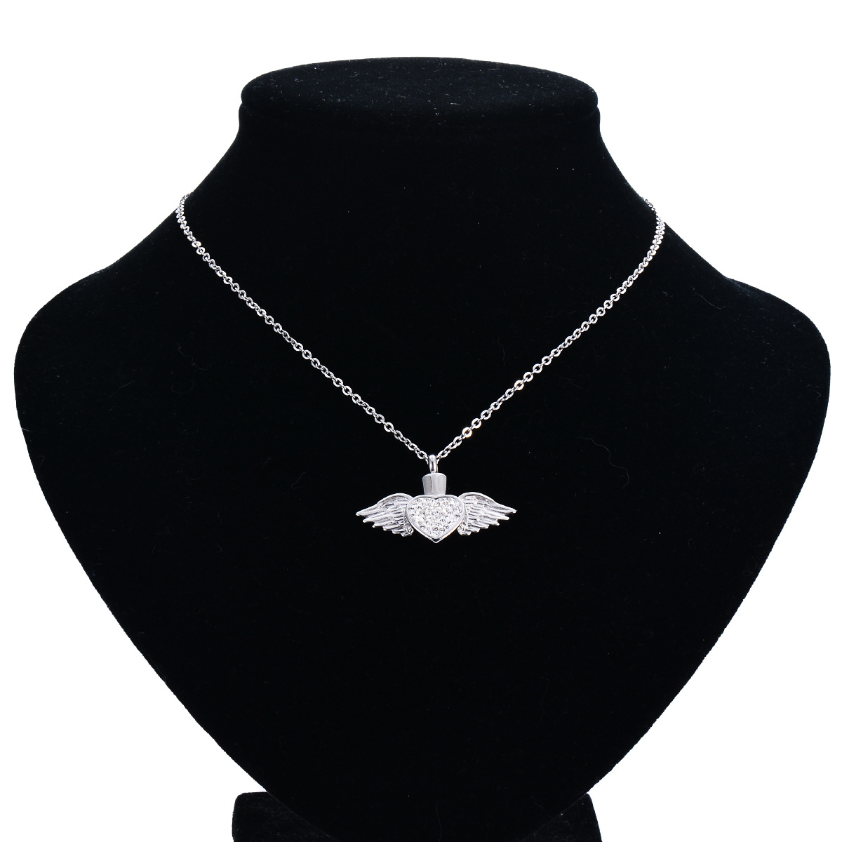 Stainless Steel Heart Wings Diamond Ash Pendant Necklace