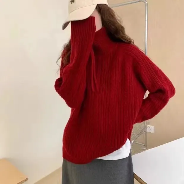 Lapel Half Zipper Cable knit Pullover Sweater For Women Red - Shop at LoveMi