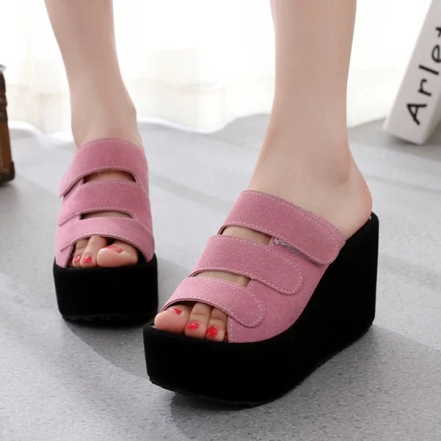 Solid-color Fish-mouth Open-toe Wedge Sandals With Velcro Straps For Women