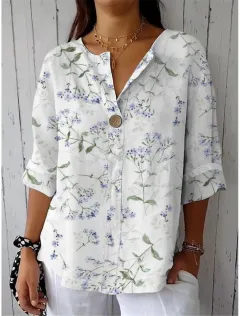 Women's Button V-neck Shirt Casual Print Top T-shirt - Color 4-2Xl - View 1