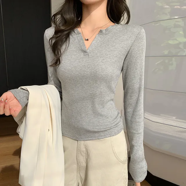 Women's V neck Bottoming Shirt Early Autumn Winter Thread Fitted Gray - Shop at LoveMi
