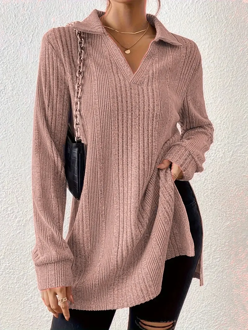 Women's V-neck Reverse Collar Long-sleeved T-shirt - Peach