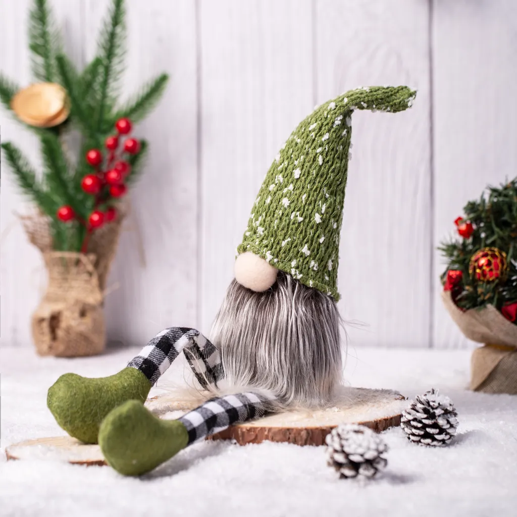Christmas Decoration Knitted Wool Plaid Long Legs Doll Gift Window Supplies - Green