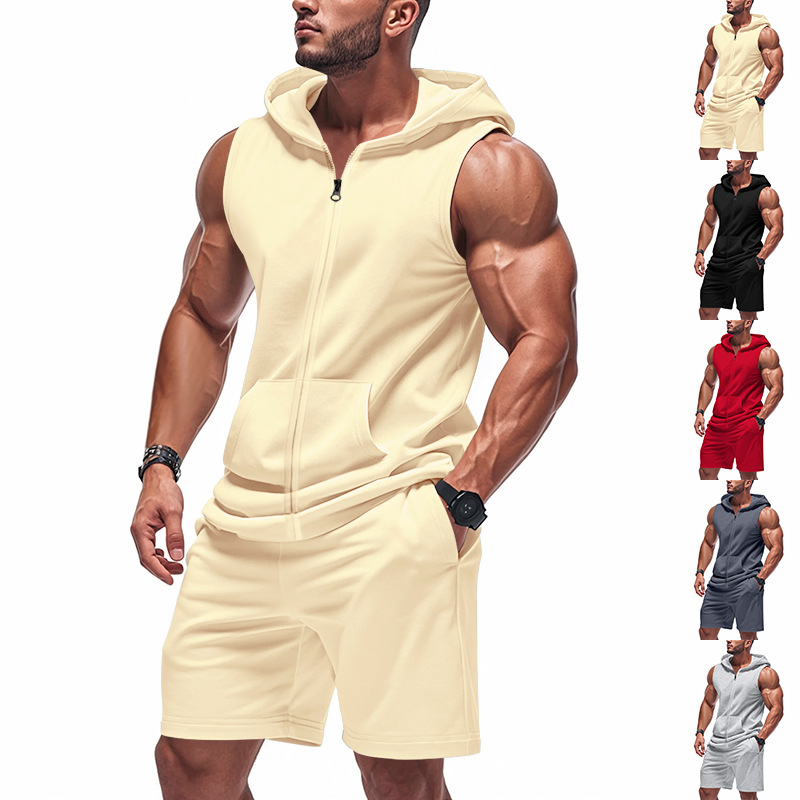 Mens Fitness Zip-Up Loose-Fit Casual Hooded Set