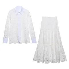 Temperament Leisure Summer New Foreign Trade Embroidery Openwork Blouse Skirt Two-piece Suit Fashion Leisure Suit - Set-L - View 1