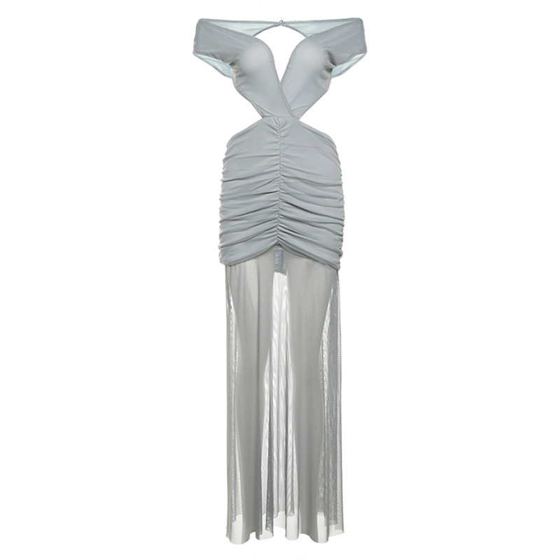Sexy Chica Mesh Pleated Patchwork V Neck Backless Dress Gray - Shop at LoveMi