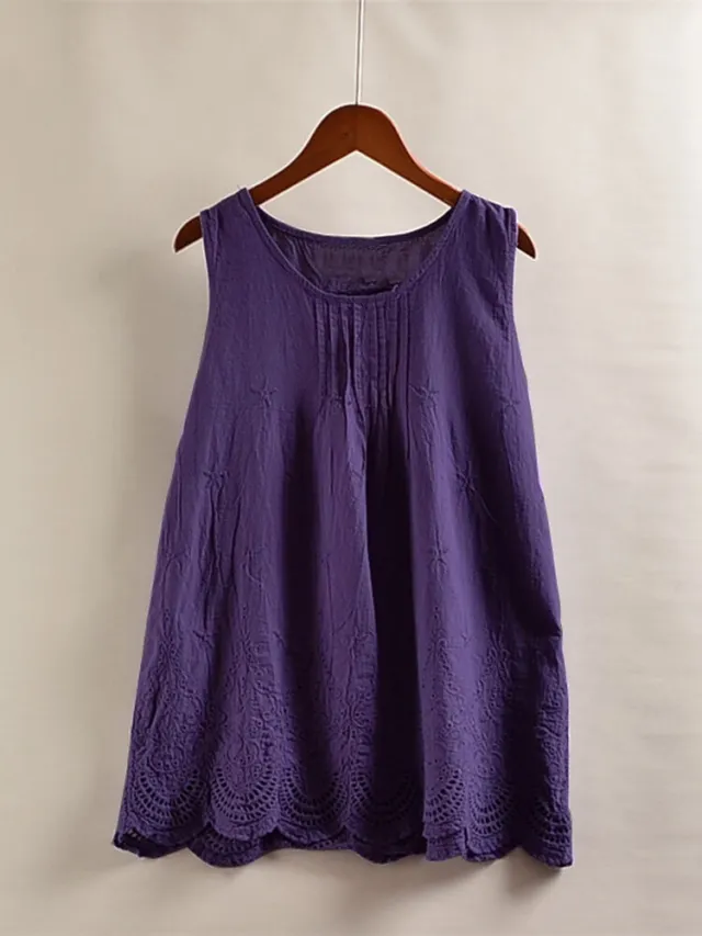 Women's Solid Color Hollow Pleated Stripes Sleeveless Vest Purple - Shop at LoveMi