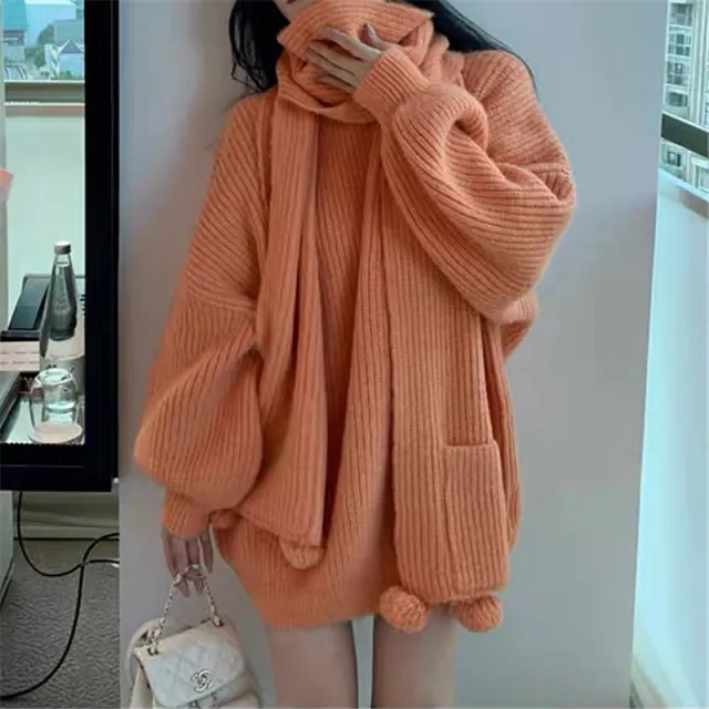 Christmas Red Sweater Women's Scarf Pullover Sweater Orange - Shop at LoveMi