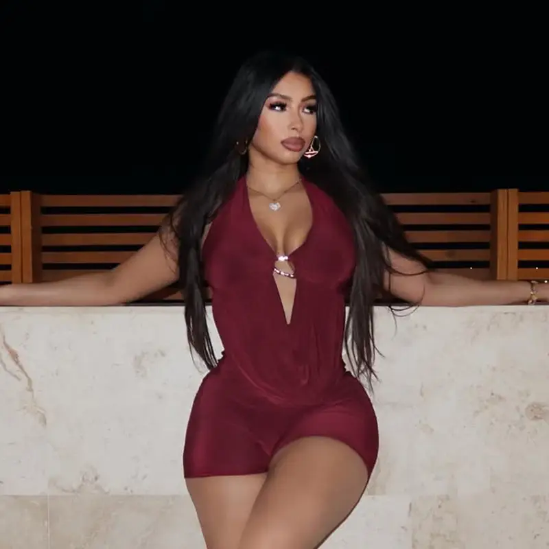 Solid-color Sexy Chic Hooded Halterneck One-piece Shorts