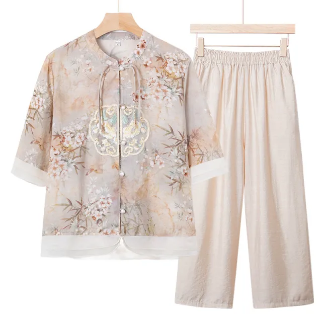 Mom New Spring And Summer Wear National Style Small Shirt Two piece Set Beige - Shop at LoveMi