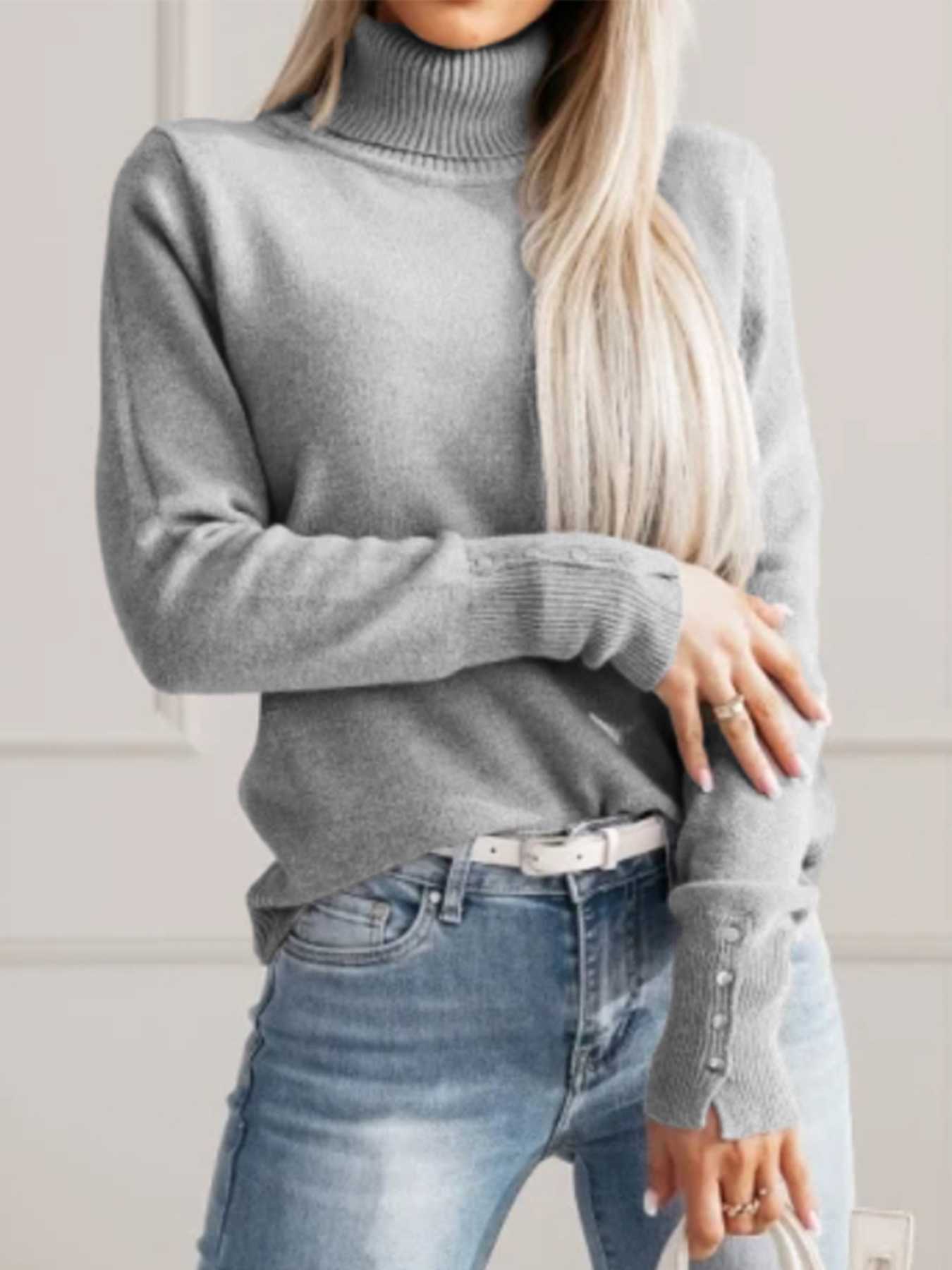 Grauer Damen-Pullover mit Knöpfen – Bild 5