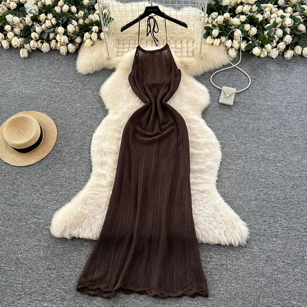 Halter Spaghetti Straps Waist-tight Vacation Style Dress Women - Brown