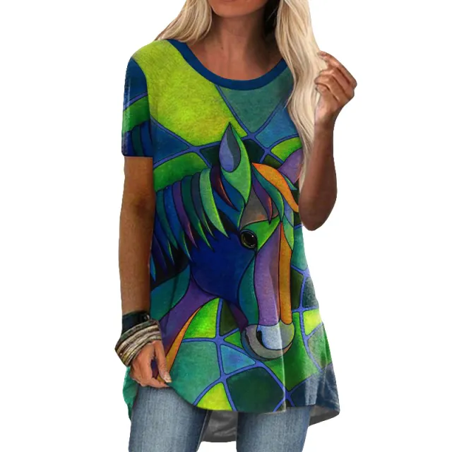 Crew Neck Casual Ethnic Style Vintage Print Short Sleeves T shirt Green - Shop at LoveMi