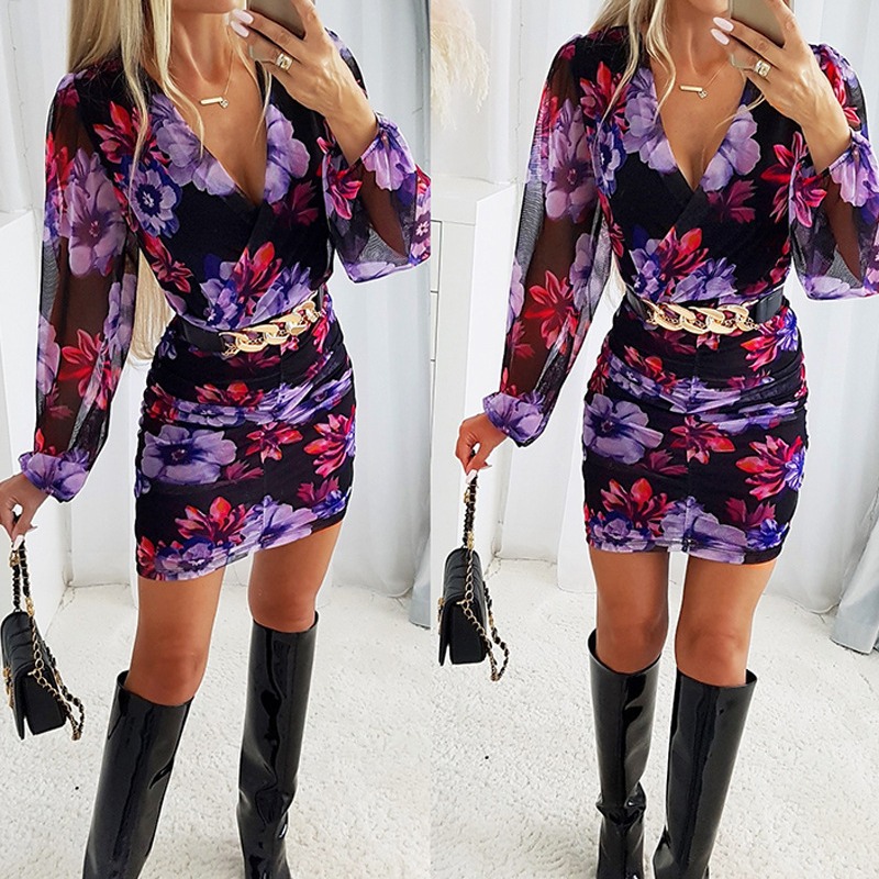 Fashion Slim Bubble Flower Mesh Dress