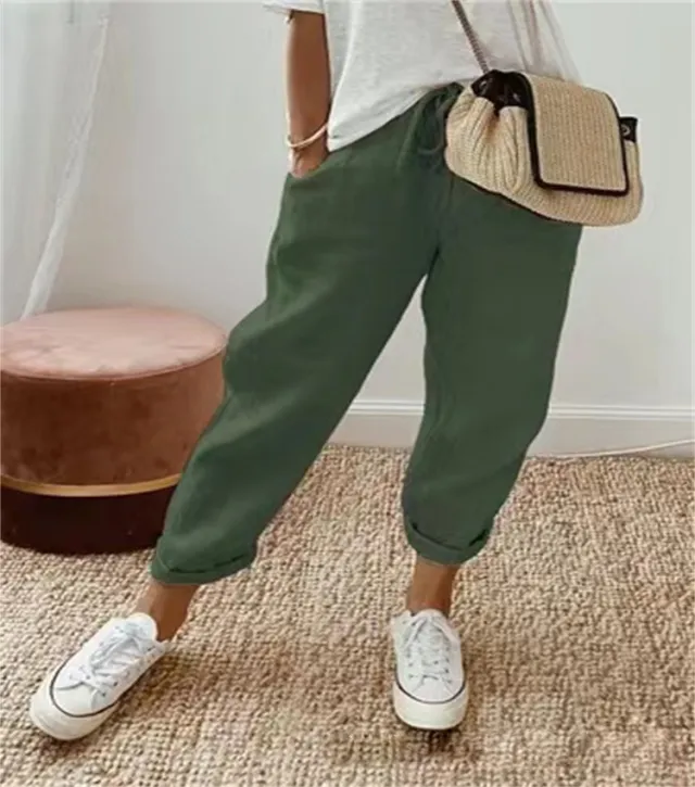 Cotton Linen Elastic waist Cropped Pants Casual Women's Pants Army Green - Shop at LoveMi