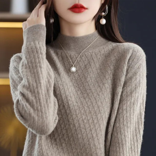 100 Pure Wool Women's Half Turtleneck Knitted Bottoming Shirt Sweater Raw Velvet Camel - Shop at LoveMi