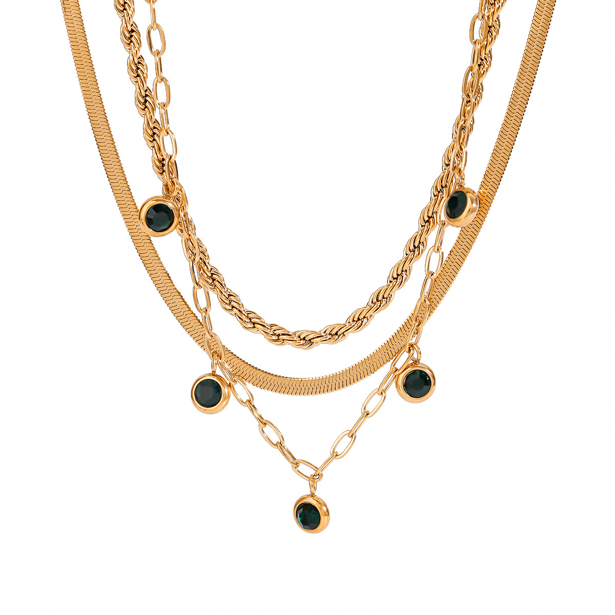 Stainless Steel Green Rhinestone Multi-layer Twin Necklace