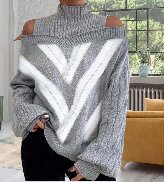 Autumn And Winter Geometric Color Matching Casual Loose fitting Women's Sweater Gray - Shop at LoveMi