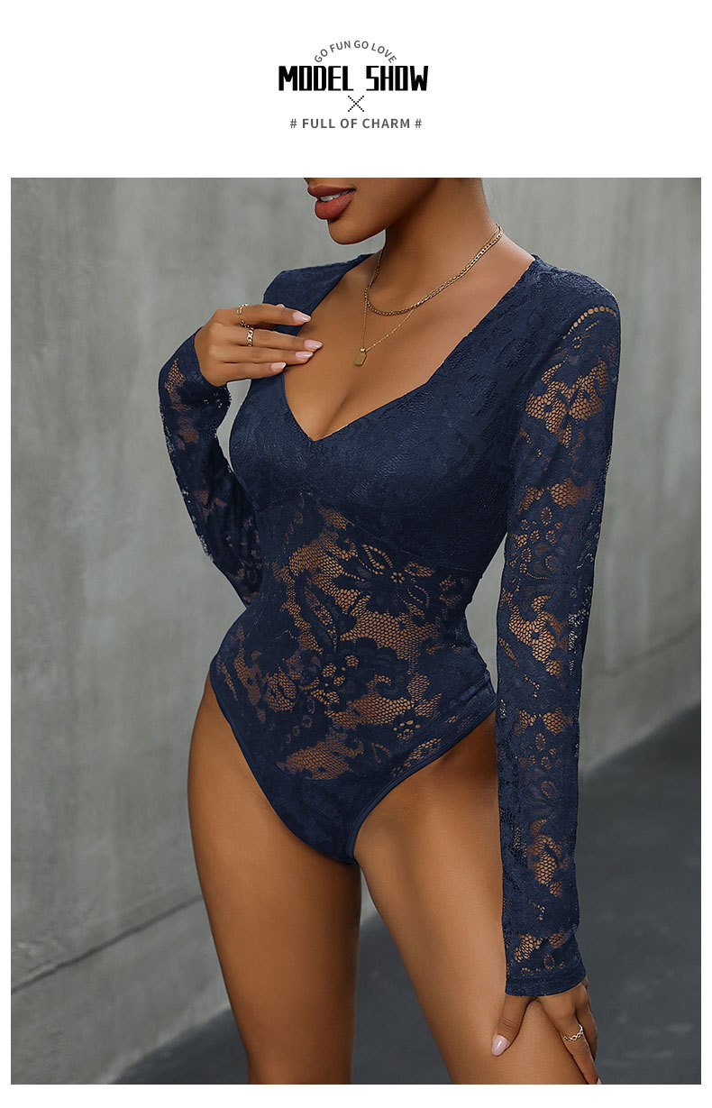 Women’s Lace Long Sleeve Bodysuit – Deep V Neck Solid Top