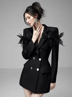 Slim-fit Three-dimensional Design Sense Heavy Industry Tight Waist Temperament Suit Dress - Black - View 1