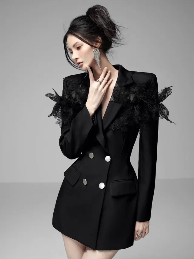 Slim fit Three dimensional Design Sense Heavy Industry Tight Waist Temperament Suit Dress Black - Shop at LoveMi