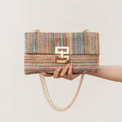 Bag Women's Vacation Style Multi-compartment Chain Flap Screw Lock Straw Bag - Colour-29X18X3Cm - View 1