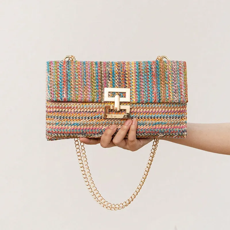 Bag Women's Vacation Style Multi-compartment Chain Flap Screw Lock Straw Bag - Color-29X18X3Cm
