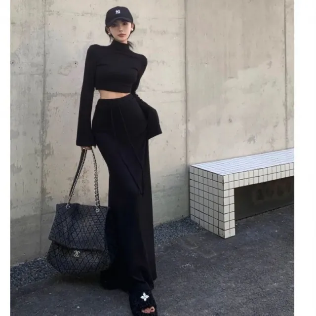 Spring And Autumn New Half Turtleneck Short Top High Waist Sheath Skirt Two piece Set Black - Shop at LoveMi