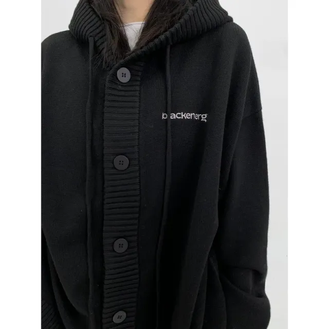 Plus Size Loose Hooded Drawstring Knitted Cardigan Sweater Black - Shop at LoveMi