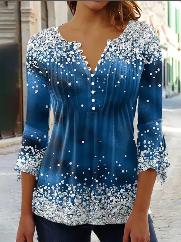 Women's 3d Digital Printing Button T shirt V neck Top 16Blue - Shop at LoveMi