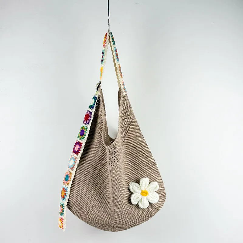 Women's Woven Shoulder Bag Hollow Flower - Khaki