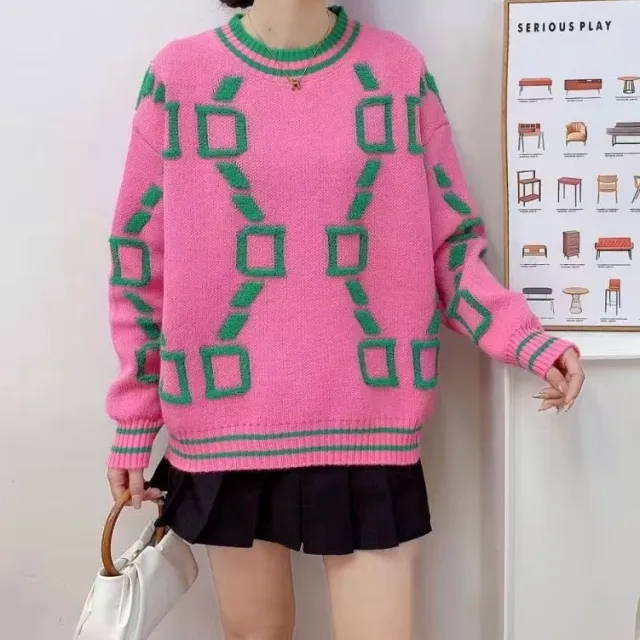 European And American Loose Knitted Round Neck Sweater Pink - Shop at LoveMi