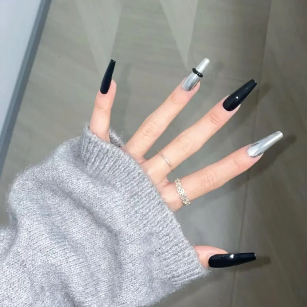 Silver Black Super Cool Nail Stickers - Extra Long T