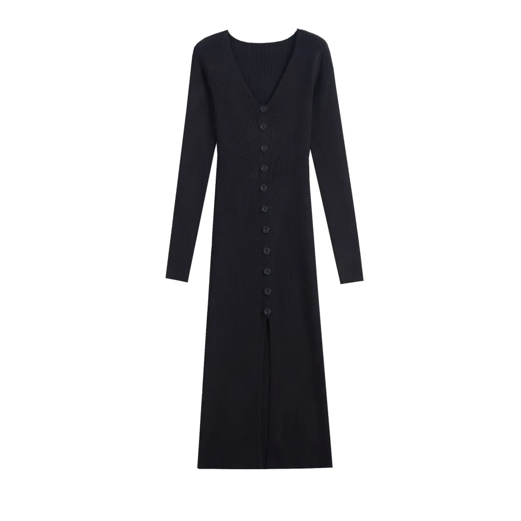 Slim Fit Slit Slimming Elegant Single-breasted Knitted Sheath Dress - Black