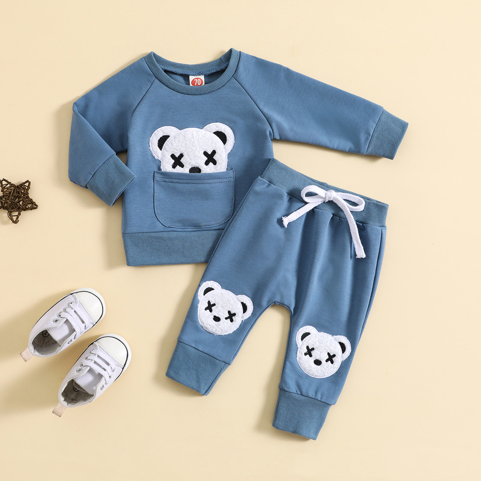 Boy's White Suit Bear Embroidered Round Neck Sweater Two-piece Set