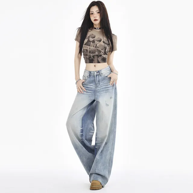 Women's Fashion Retro White Straight leg Denim Light Blue Lengthened - Shop at LoveMi