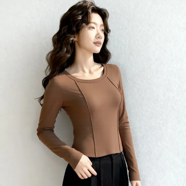 Brown Square Neck Fishbone Fleece Long Sleeve Slim Low Neck For Autumn And Winter Brown - Shop at LoveMi