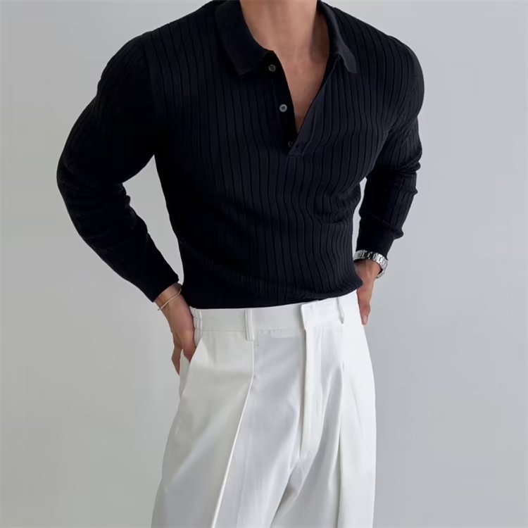 Lapel Button Long Sleeve Polo Shirt Slim Fashion Solid Striped Knitted Bottoming - Picture 3 of 5