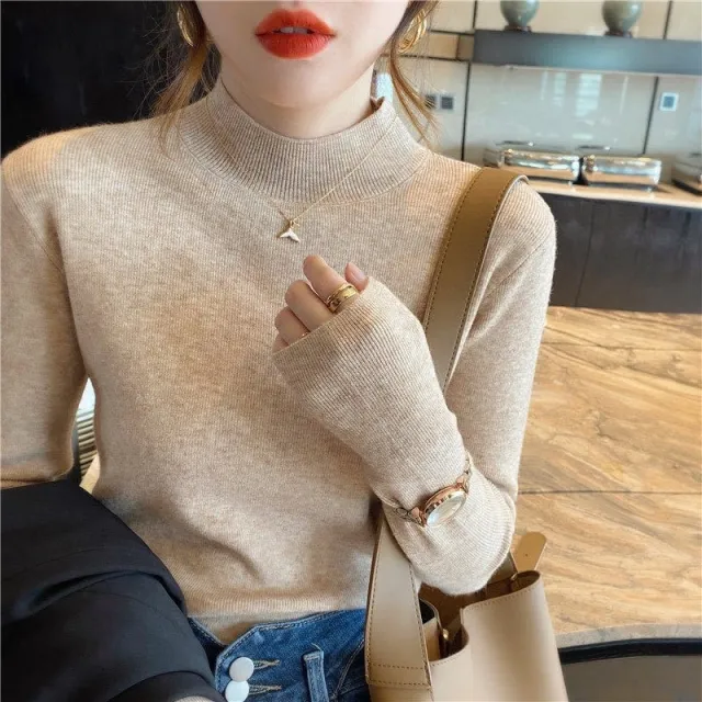Half High Collar Inner Lining Bottom Sweater Slim Fit Fit Long Sleeved Sweater 9112 Milk Tea - Shop at LoveMi