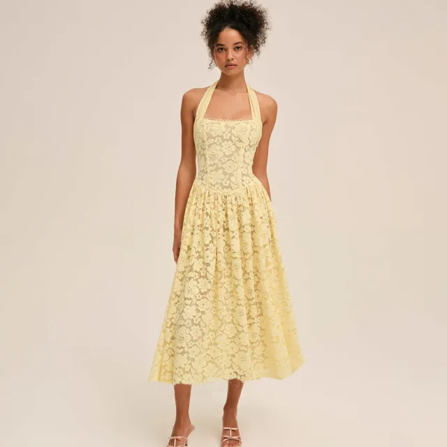 Lace Solid Color Halter Backless Bustier Waist cinching Dress Yellow - Shop at LoveMi