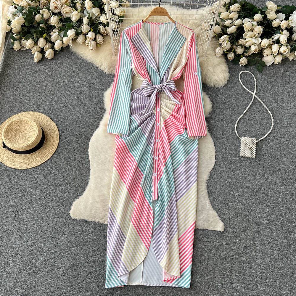 European And American Contrast Color Striped V-neck Dress