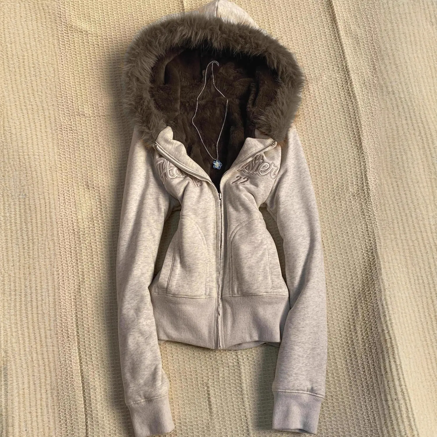 Light Gray Fleece-Lined Embroidered Letter Hooded Cardigan