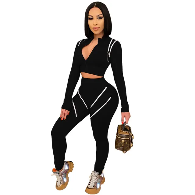 European And American Stitching Contrast Color Plus Size Sports Suit Black - Shop at LoveMi