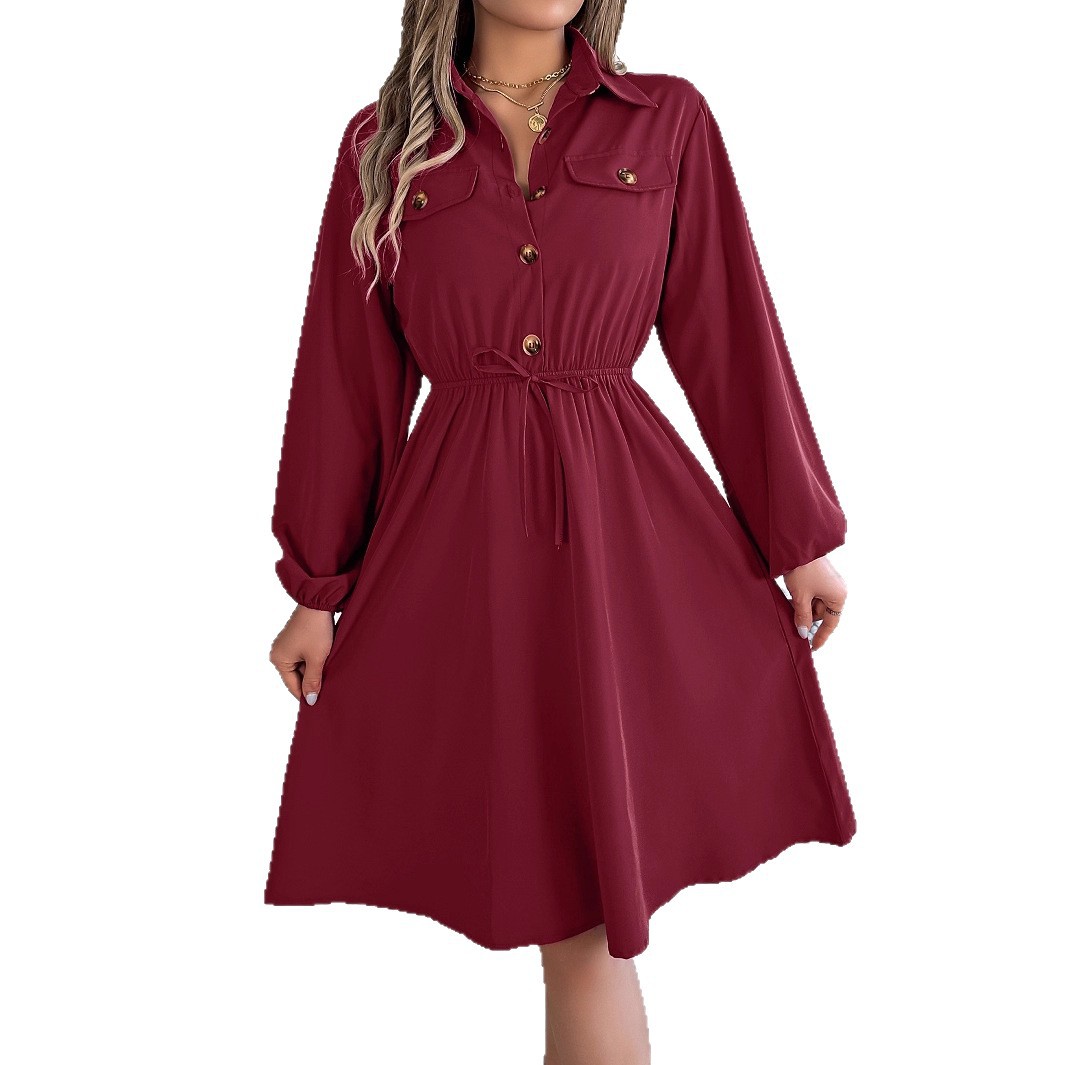 Womens Casual Buttoned Lace-Up Waist-Cinching Long-Sleeve Dress