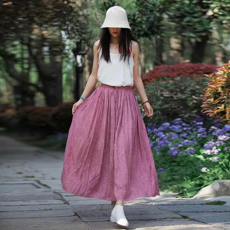 Women's Fashion Large Swing Artistic Cotton Linen Linen Tie-dyed Skirt - Light Pink