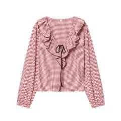 Autumn Sweet Layered Decorative Small-Plaid Long-Sleeve Shirt - Red - View 1