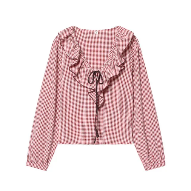 Autumn Sweet Layered Decorative Small Plaid Long Sleeve Shirt Red - Shop at LoveMi